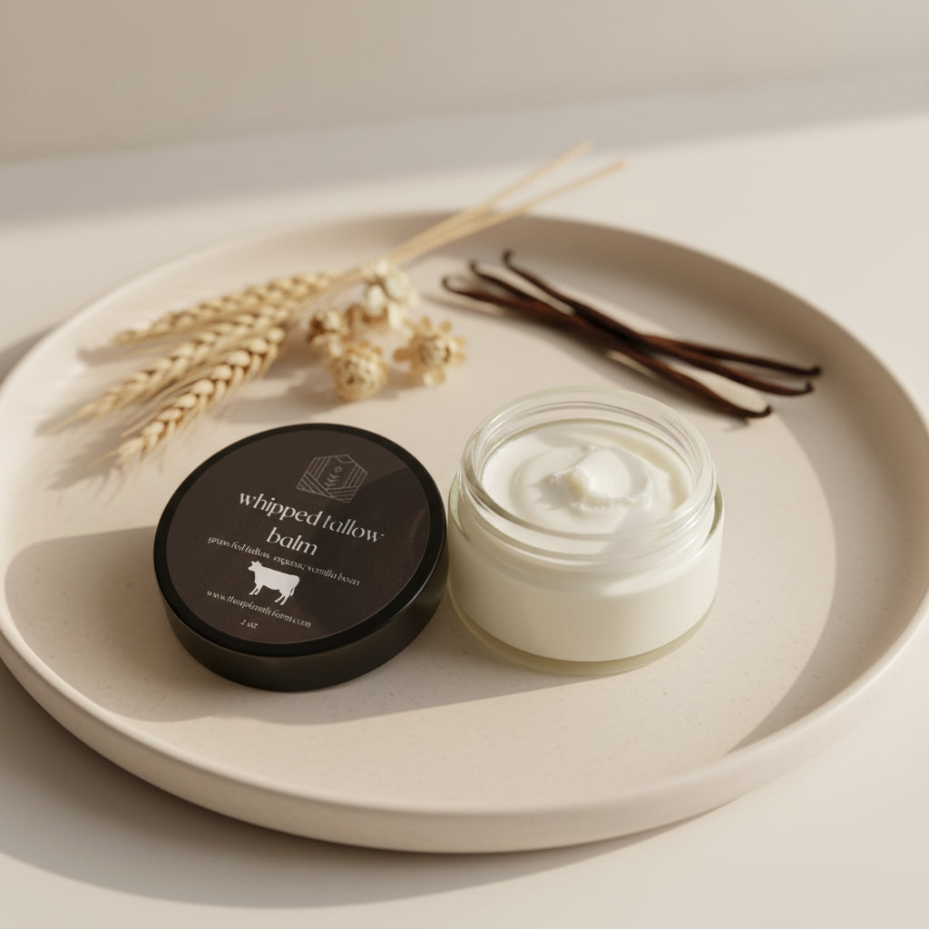 Jar of whipped balm with black lid on a beige surface